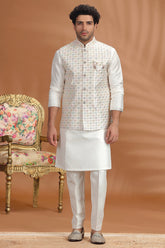 Off White Silk Embroidered Sequin Kurta Pajama with Jacket